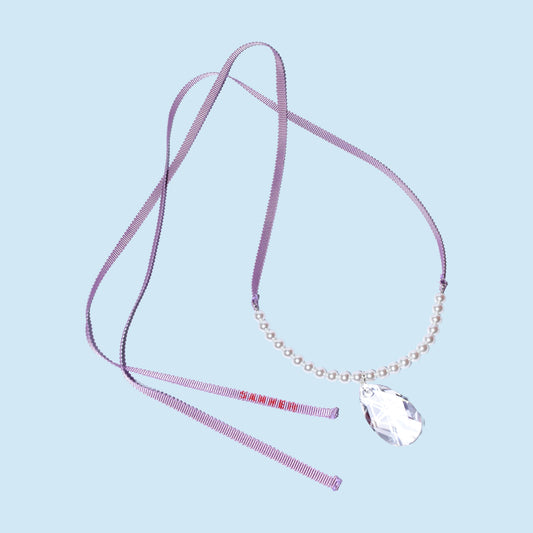 Collier en Métal Avec Perle Et Pendant En Cristal Ruban Lila